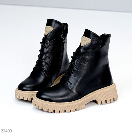 Ботинки No Brand 348 чорна шкіра-беж байка в магазине Фонтан Обуви